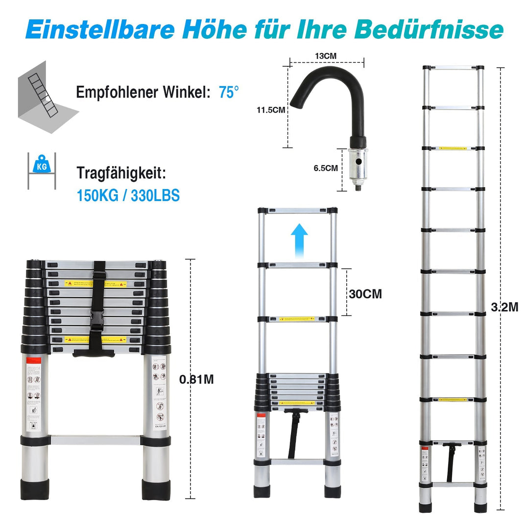 Telescopic ladder with 2 detachable hooks | Kalsten