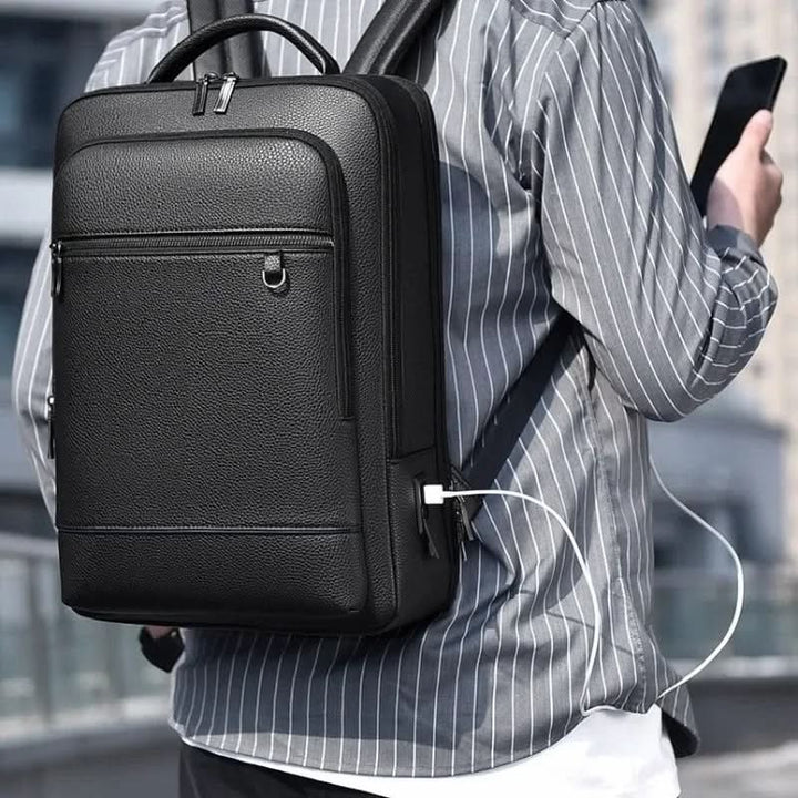Kalsten | Elegant leather rucksack for men/women with USB port for laptop and everyday use, 15.6 inch, black