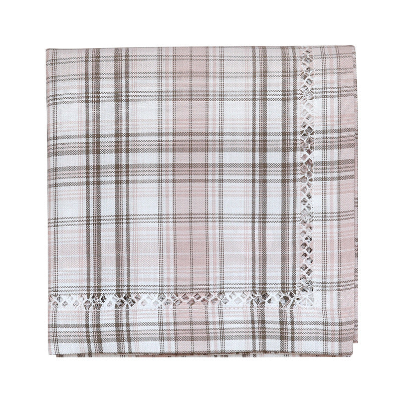 Round cotton tablecloth in check pattern with decorative crochet border Kalsten
