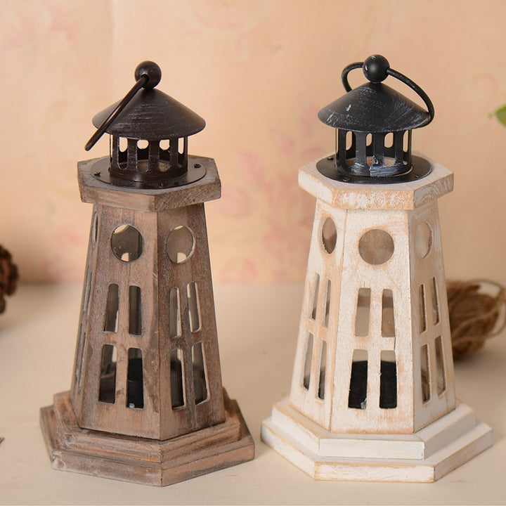 Hexagonal Wooden Lighthouse-Style Tealight Lantern with Cutout Windows and Metal Roof Kalsten