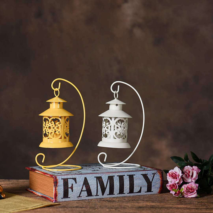 Decorative Filigree Hanging Tealight Lantern with Curved Metal Stand Set Kalsten