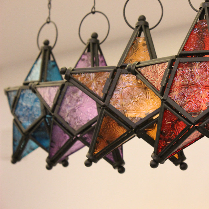 Moroccan-Inspired Stained Glass Star Hanging Lanterns with Embossed Panels Kalsten