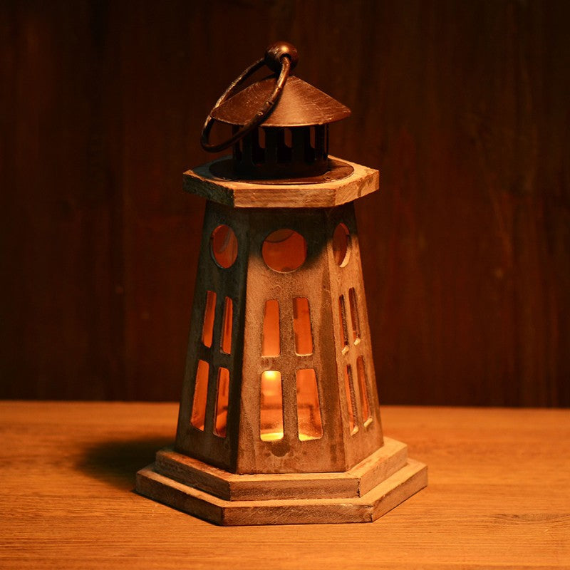 Hexagonal Wooden Lighthouse-Style Tealight Lantern with Cutout Windows and Metal Roof Kalsten