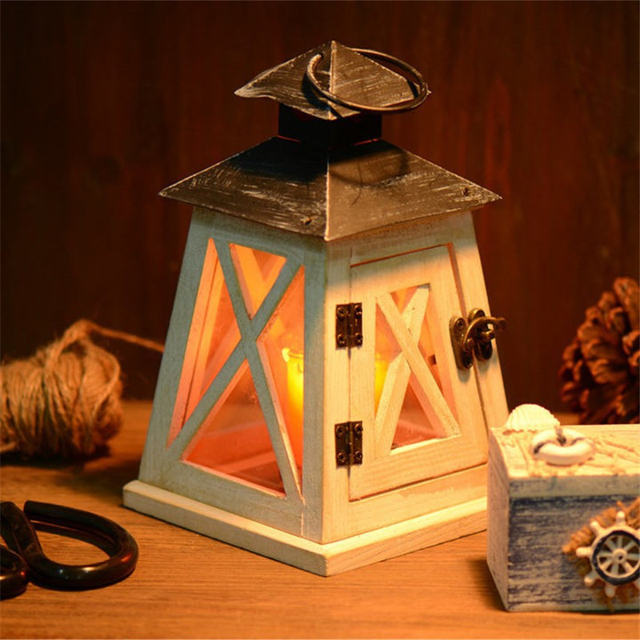 Rustic Distressed Wood Lantern Candle Holder with Glass Panels and Metal Roof Kalsten