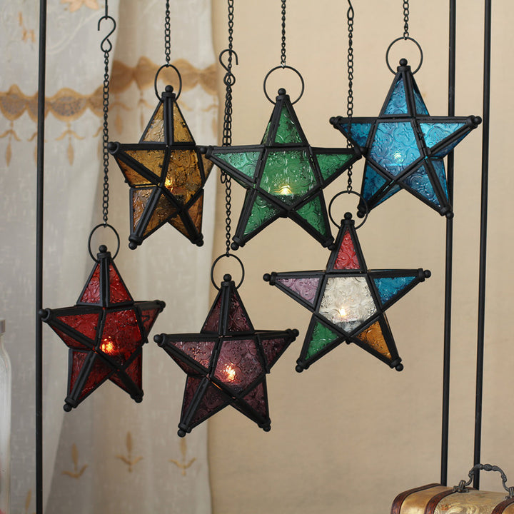 Moroccan-Inspired Stained Glass Star Hanging Lanterns with Embossed Panels Kalsten