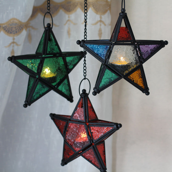 Moroccan-Inspired Stained Glass Star Hanging Lanterns with Embossed Panels Kalsten