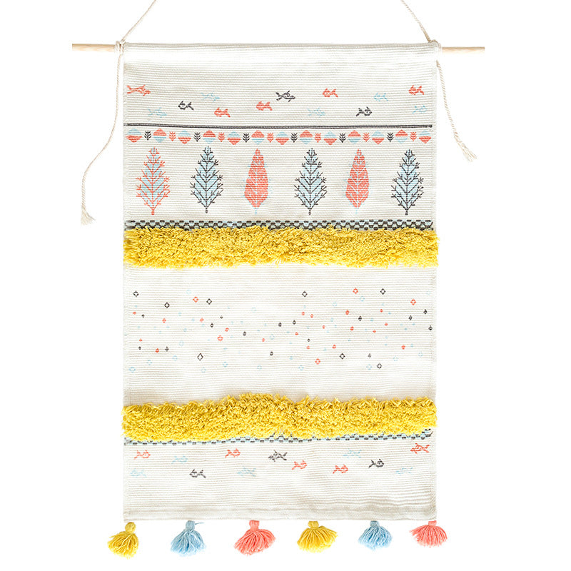 Woven wall hanging with tufted stripes, embroidered leaves, and tassels