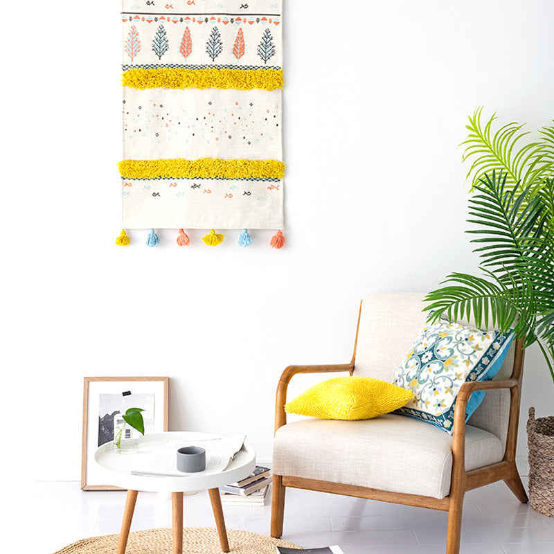 Wall tapestry in Scandi-Boho style with tufting stripes, tassels, and wooden rod Kalsten