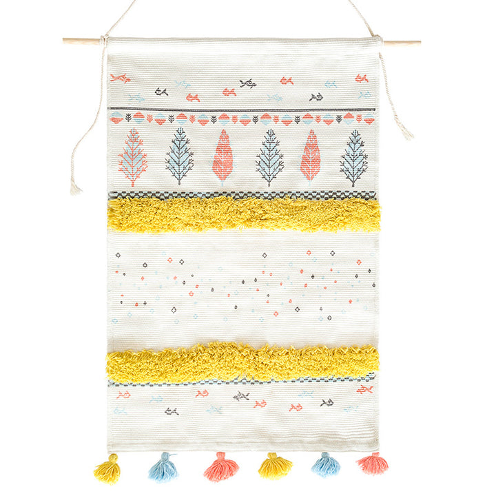 Wall tapestry in Scandi-Boho style with tufting stripes, tassels, and wooden rod Kalsten