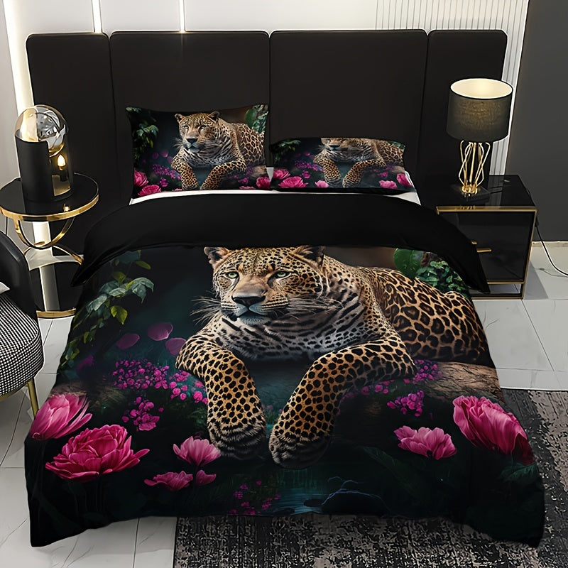 Luxurious Animal Print Bedding Set with Rose Pattern - 3-piece Noxord
