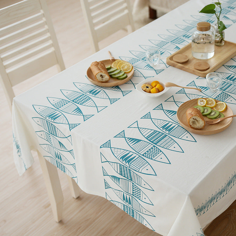 Rectangular cotton blend tablecloth with decorative fish jacquard and easy-care finish Kalsten