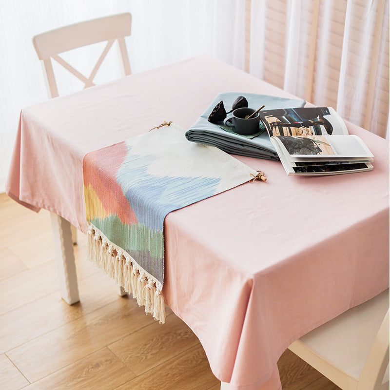 Woven Boho table runner with fringes and abstract watercolor pattern Kalsten