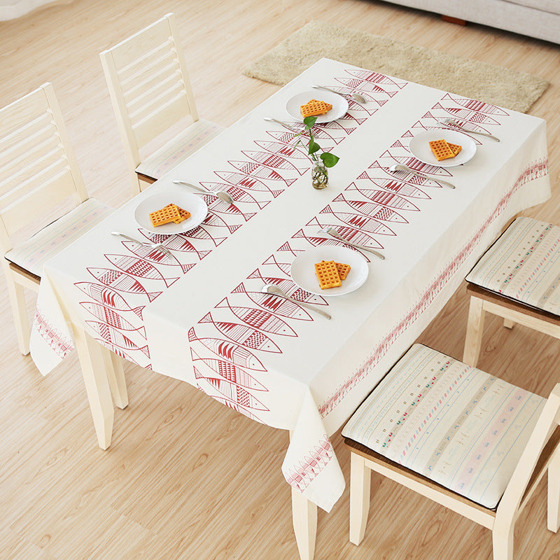 Rectangular cotton blend tablecloth with decorative fish jacquard and easy-care finish Kalsten