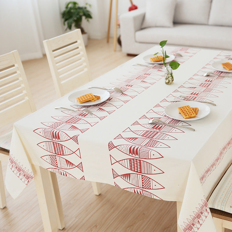 Rectangular cotton blend tablecloth with decorative fish jacquard and easy-care finish Kalsten