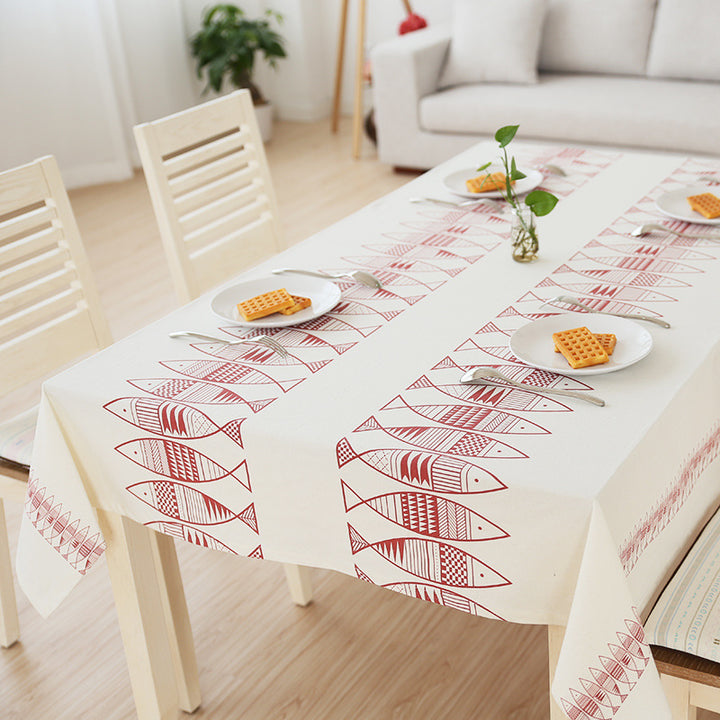 Rectangular cotton blend tablecloth with decorative fish jacquard and easy-care finish Kalsten