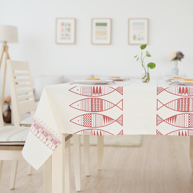Rectangular cotton blend tablecloth with decorative fish jacquard and easy-care finish Kalsten