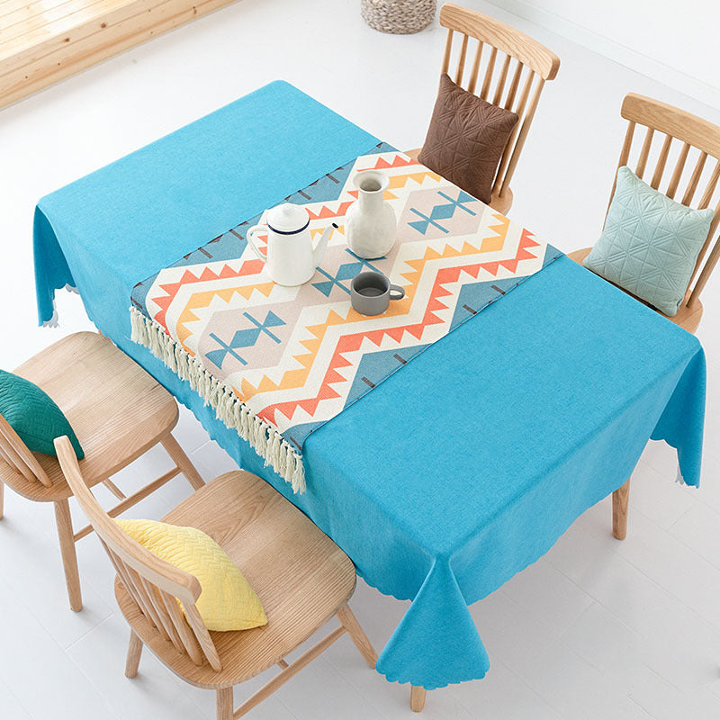 Flat-woven cotton carpet runner with ethnic diamond pattern and decorative fringes Kalsten