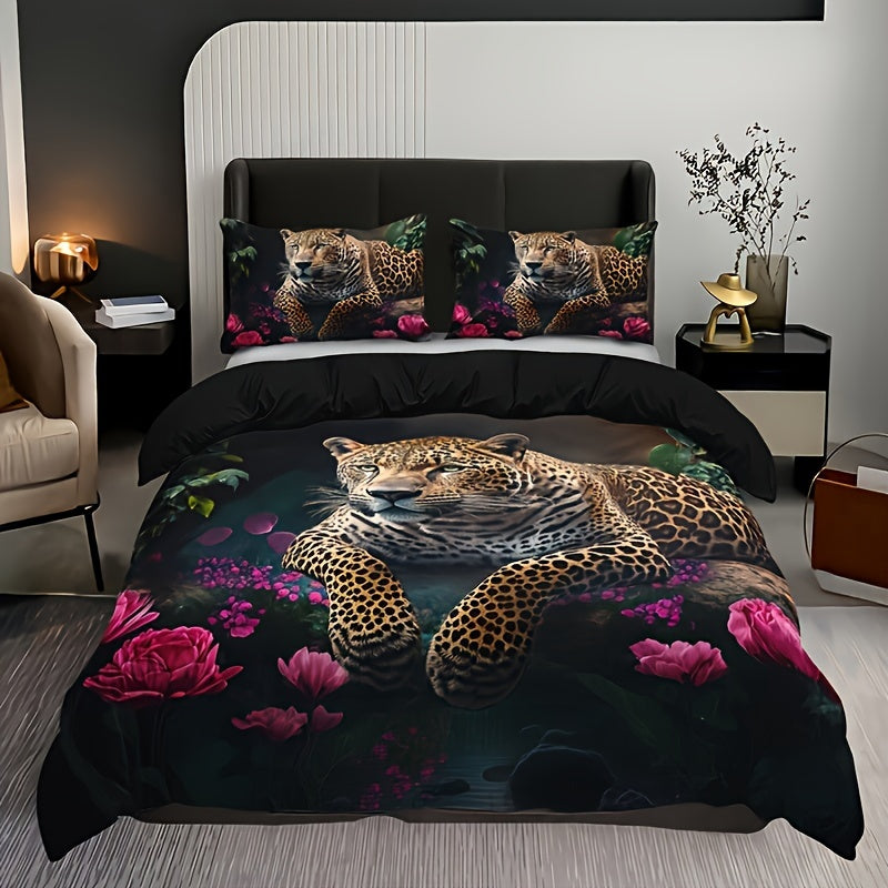 Luxurious Animal Print Bedding Set with Rose Pattern - 3-piece Noxord