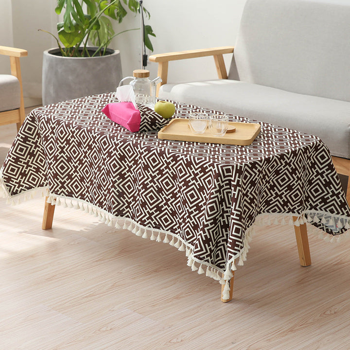 Woven cotton tablecloth in ethnic jacquard with tassel border Kalsten