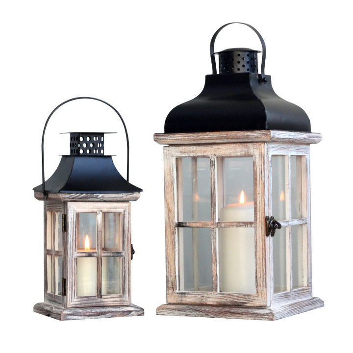 Hand-Finished Weathered Wood Windowpane Lanterns with Metal Roof and Glass Panels Set Kalsten
