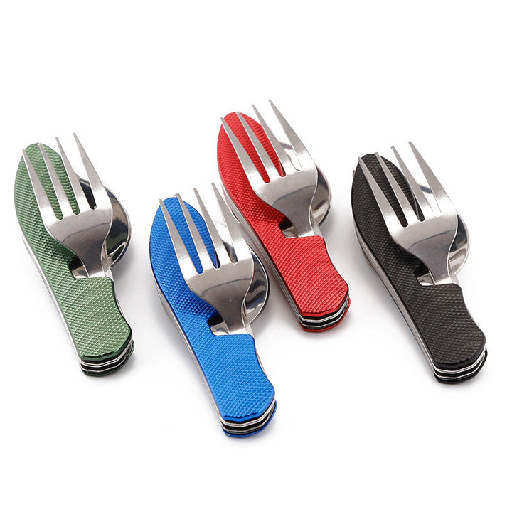 folding stainless steel camping cutlery set with textured grip locking hinge and compact travel clip Kalsten