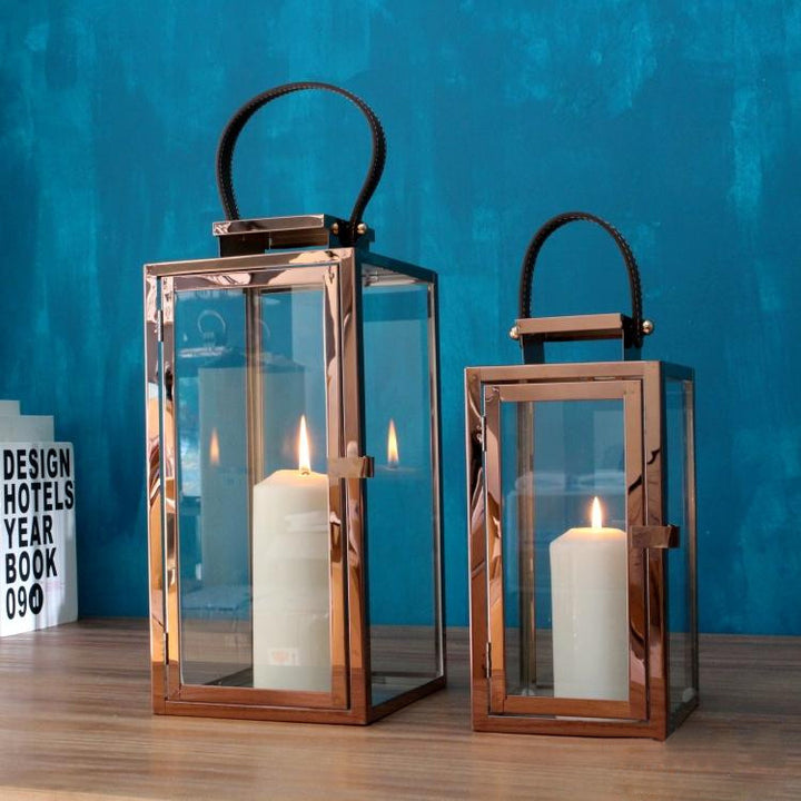 Contemporary Polished Metal Glass Hurricane Lanterns with Braided Handle & Front Latch Kalsten