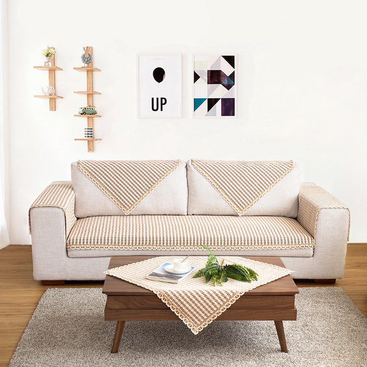 Crocheted sofa blanket set made of cotton mix with non-slip seat cushion and decorative corner cloths Kalsten
