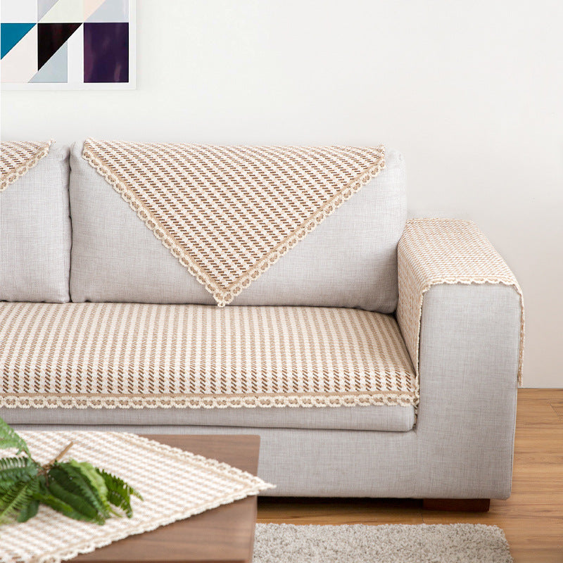 Crocheted sofa blanket set made of cotton mix with non-slip seat cushion and decorative corner cloths Kalsten