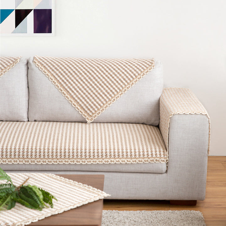 Crocheted sofa blanket set made of cotton mix with non-slip seat cushion and decorative corner cloths Kalsten