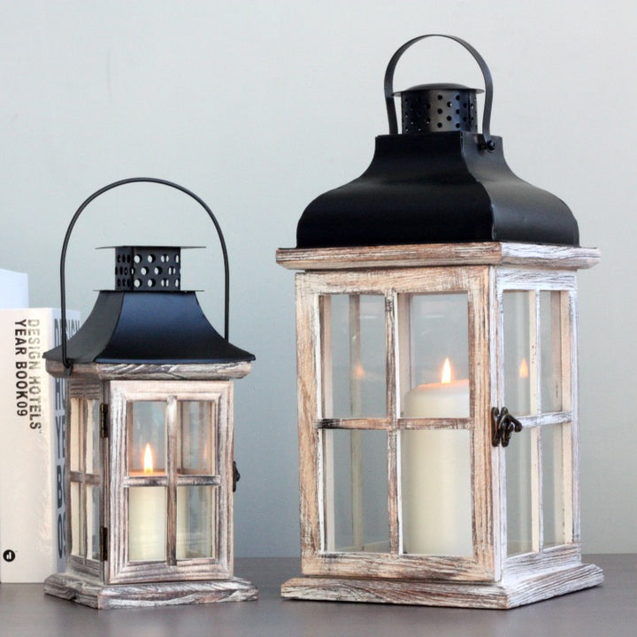 Hand-Finished Weathered Wood Windowpane Lanterns with Metal Roof and Glass Panels Set Kalsten
