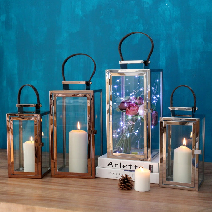 Rectangular Glass Candle Lanterns with Polished Metal Frame and Faux Leather Handle Set Kalsten