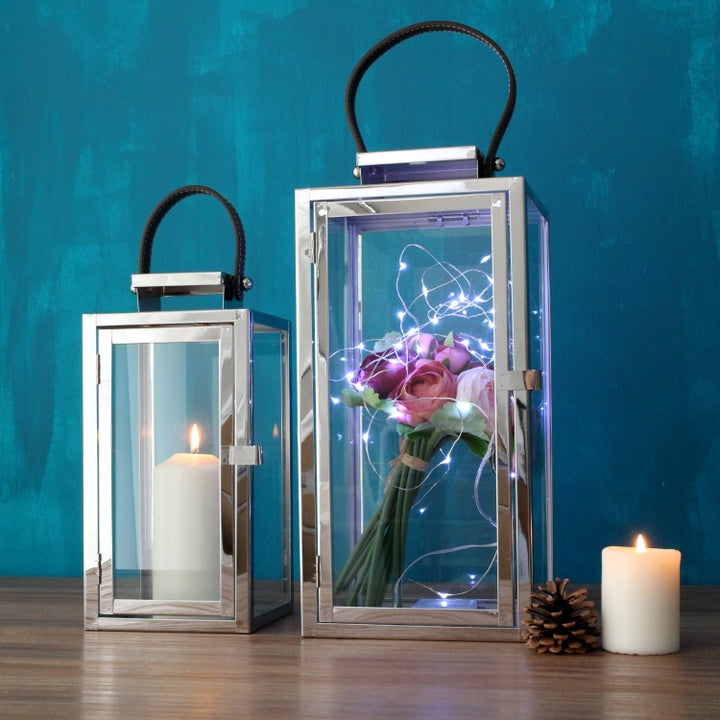 Contemporary Polished Metal Glass Hurricane Lanterns with Braided Handle & Front Latch Kalsten