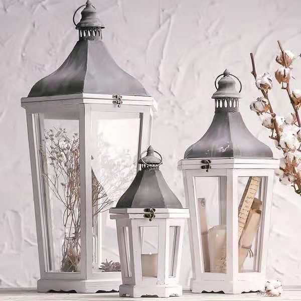 Rustic Weathered Wood and Metal Indoor Outdoor Candle Lantern Set Kalsten