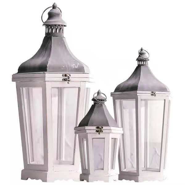 Rustic Weathered Wood and Metal Indoor Outdoor Candle Lantern Set Kalsten