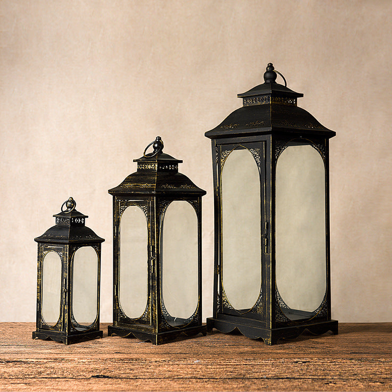 Antique-Style Metal and Glass Lantern Trio with Hinged Door and Carry Ring Kalsten