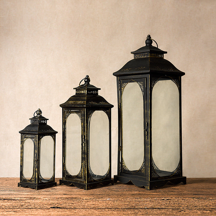 Antique-Style Metal and Glass Lantern Trio with Hinged Door and Carry Ring Kalsten