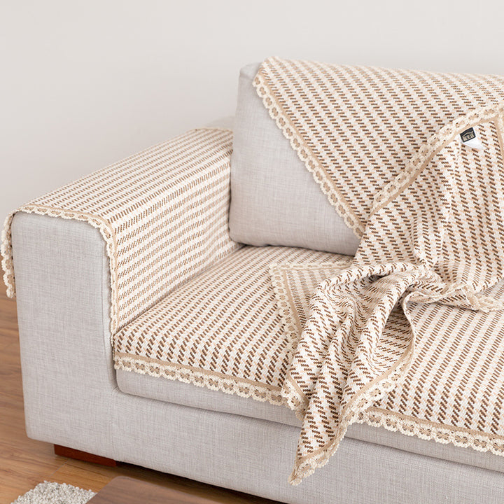 Crocheted sofa blanket set made of cotton mix with non-slip seat cushion and decorative corner cloths Kalsten