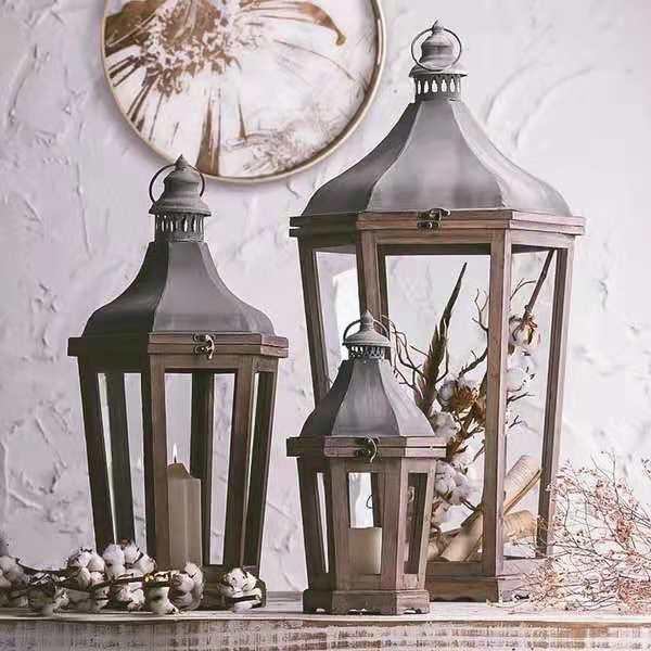 Rustic Weathered Wood and Metal Indoor Outdoor Candle Lantern Set Kalsten