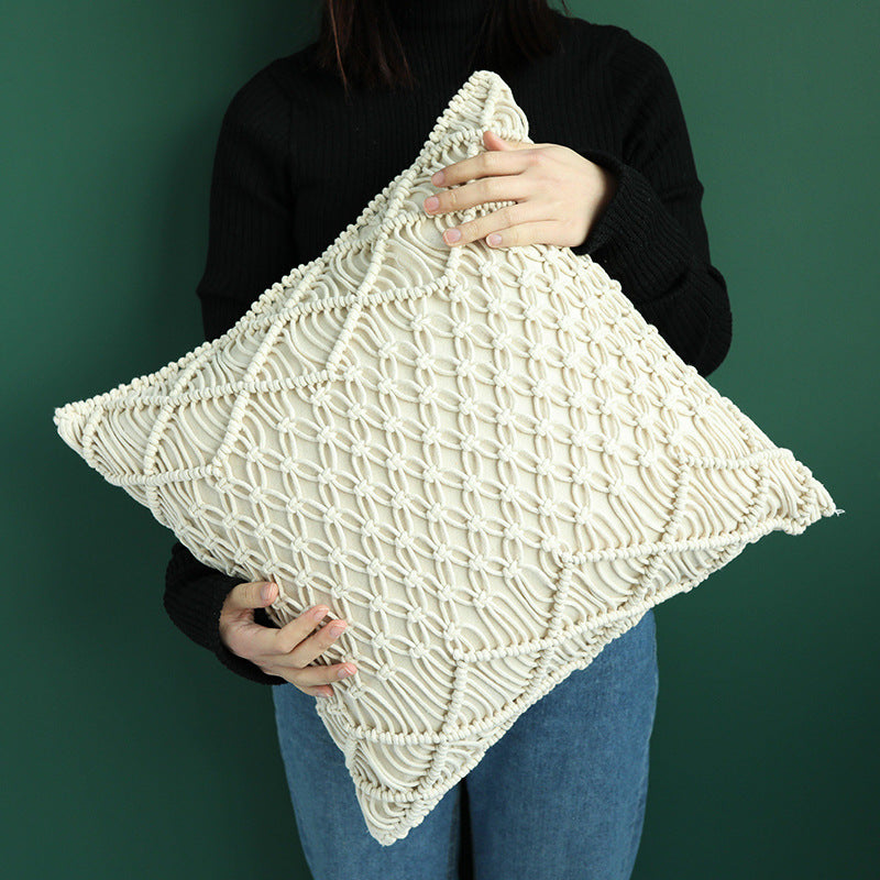 Boho macrame pillow cover with hand-knotted ornament relief and cotton texture Kalsten