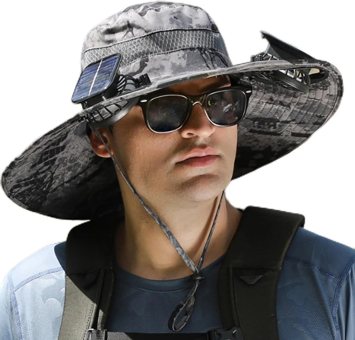 Solar Powered Fan Sun Hat | Wide Brim UV Shade + Instant Cooling Airflow | No Batteries Needed | Outdoor Work, Hiking & Fishing | Black/Camo | Kalsten