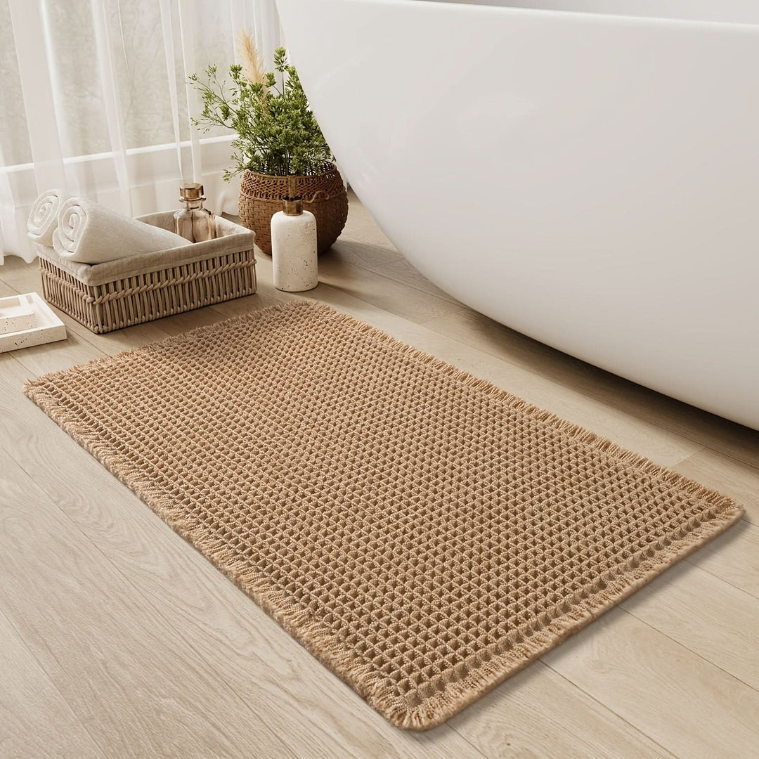 Kalsten | AbsorbEase | Waffle Bath Mat with Fringes – Quick-Dry & Non-Slip