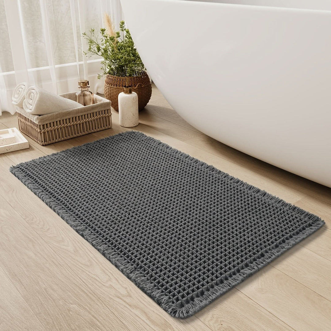 Kalsten | AbsorbEase | Waffle Bath Mat with Fringes – Quick-Dry & Non-Slip