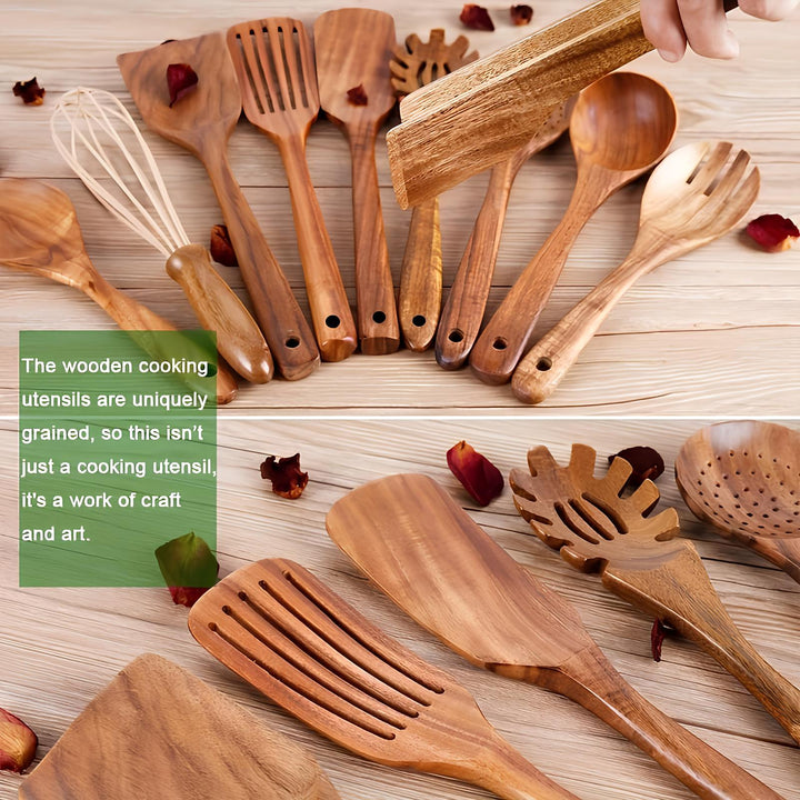 11-Piece Teak Wood Kitchen Utensil Set with Holder