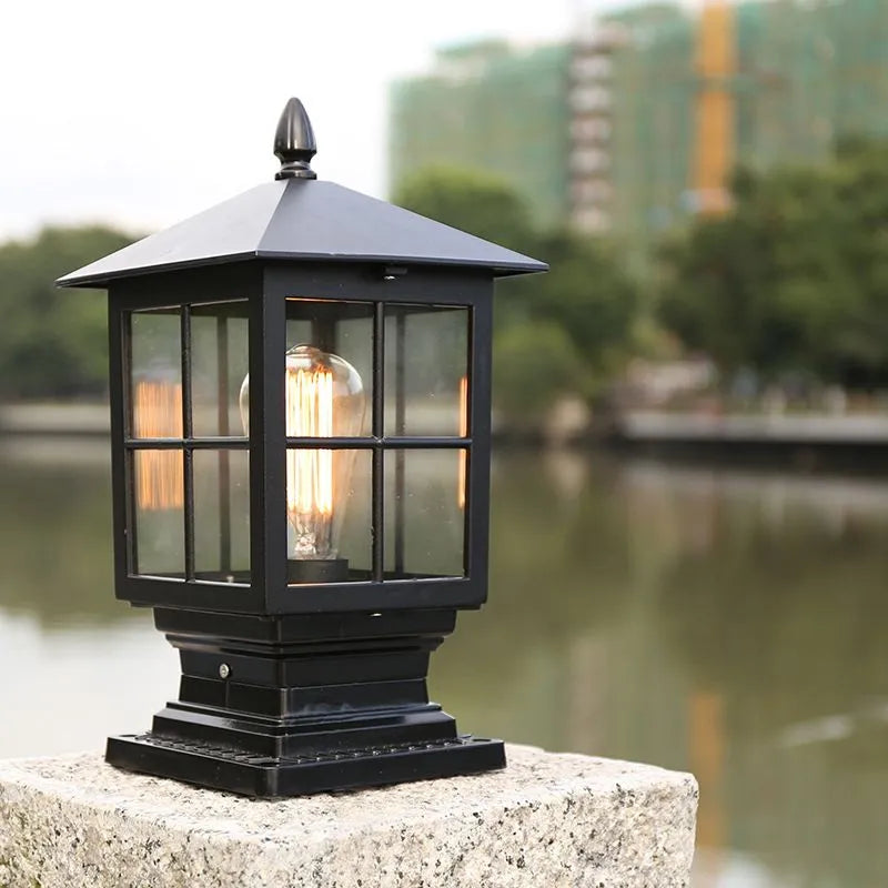 Weather-Resistant Black Metal Outdoor Lantern on Pole