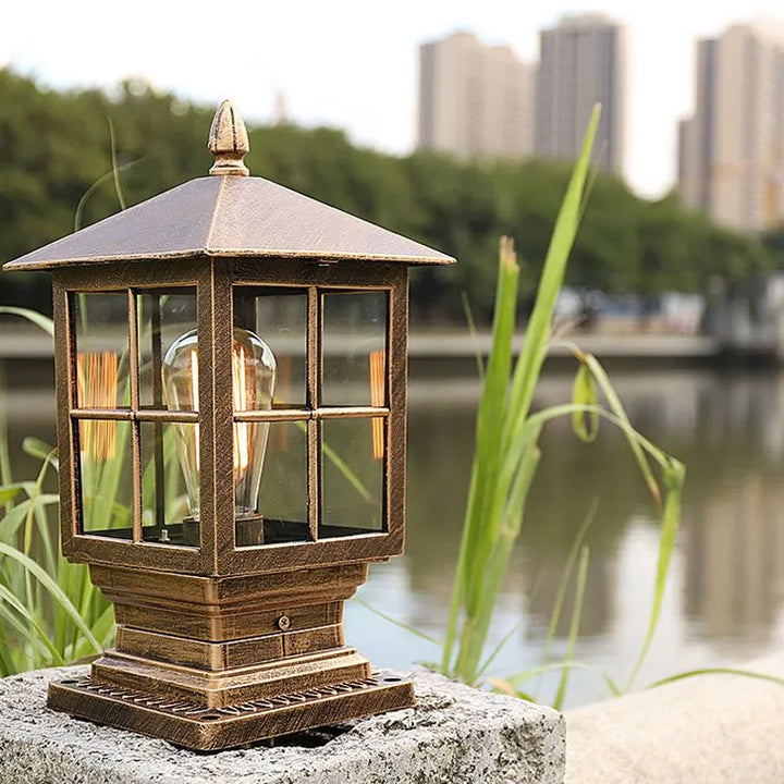 Weather-Resistant Black Metal Outdoor Lantern on Pole