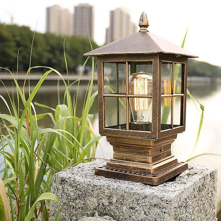 Weather-Resistant Black Metal Outdoor Lantern on Pole