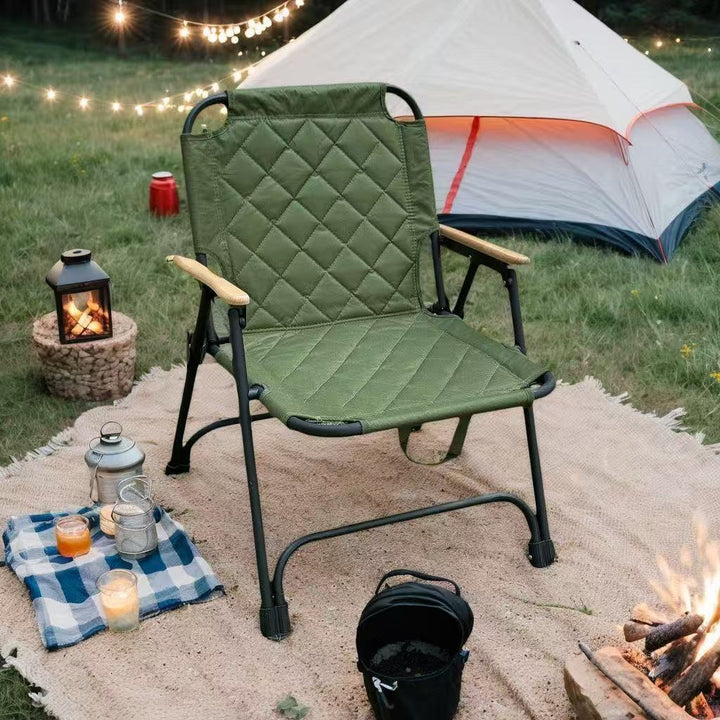 Modern Minimalist Rectangular Diamond-Pattern Carbon Steel Oxford Fabric Beech Wood Folding Camping Chair Backrest Armrest For Garden | Kalsten