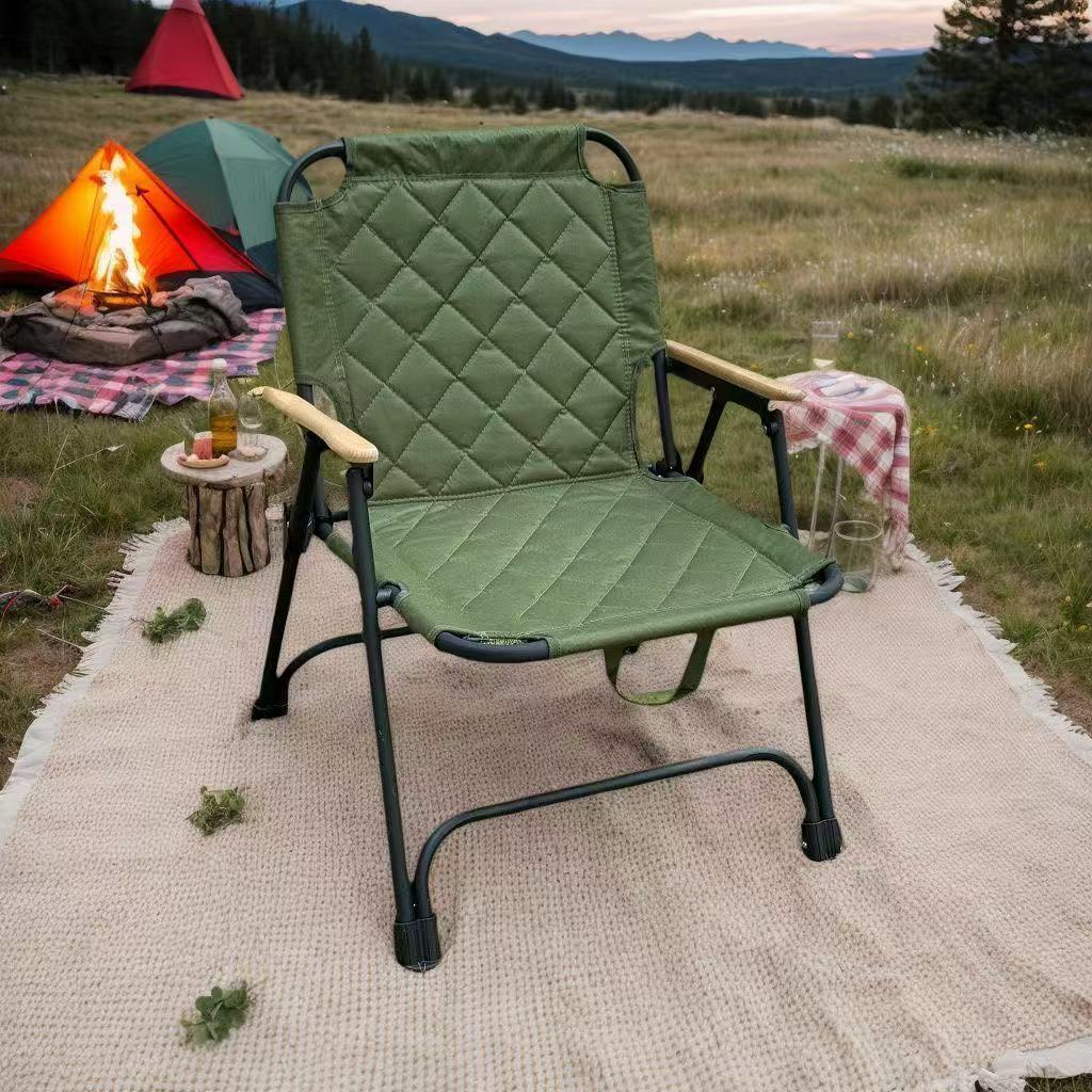 Modern Minimalist Rectangular Diamond-Pattern Carbon Steel Oxford Fabric Beech Wood Folding Camping Chair Backrest Armrest For Garden | Kalsten