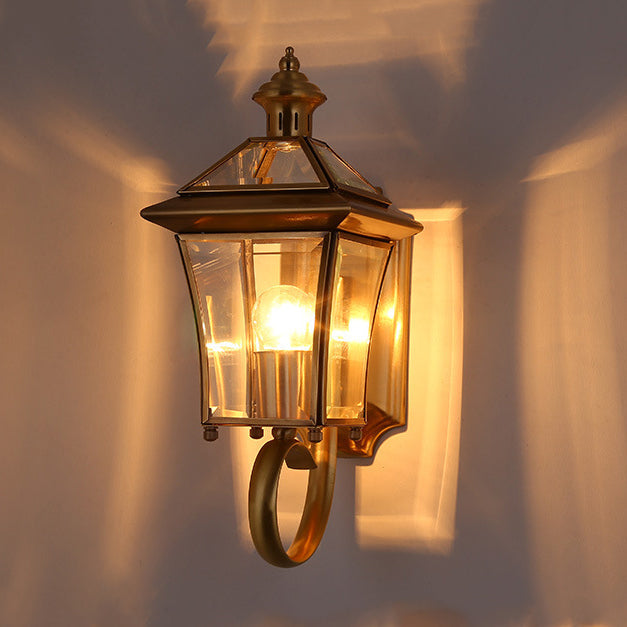 Traditional European Quadrangle Candle Holder Copper Frame Glass Shade 1-Light Wall Sconce Lamp For Garden | Kalsten