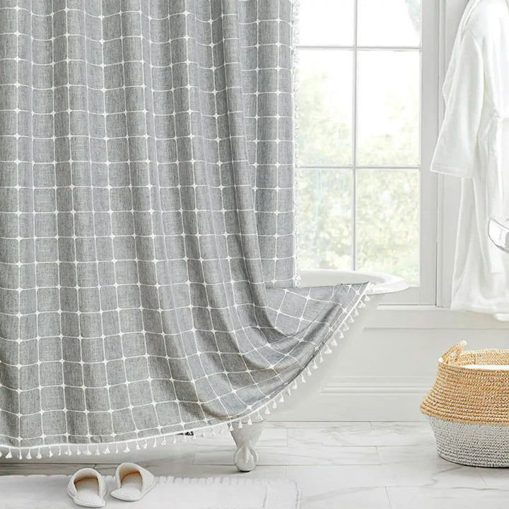 Kalsten | Bohemian linen shower curtain with tassels & waterproof design